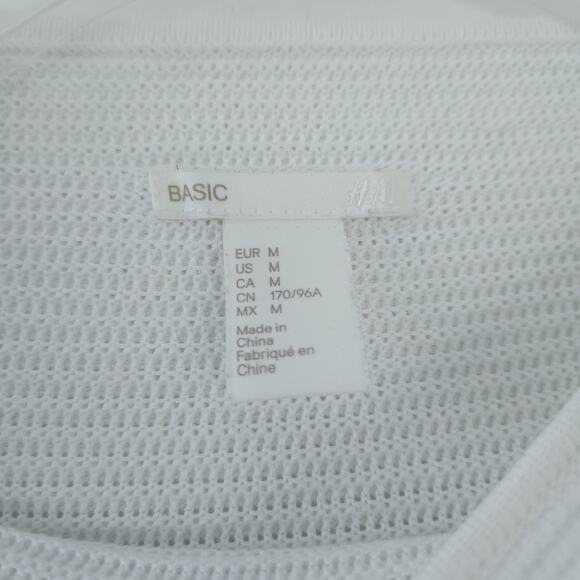 BASIC White Ribbed Long Sleeve Top Medium Women Neutral Casual Knit Shirt - Picture 4 of 5